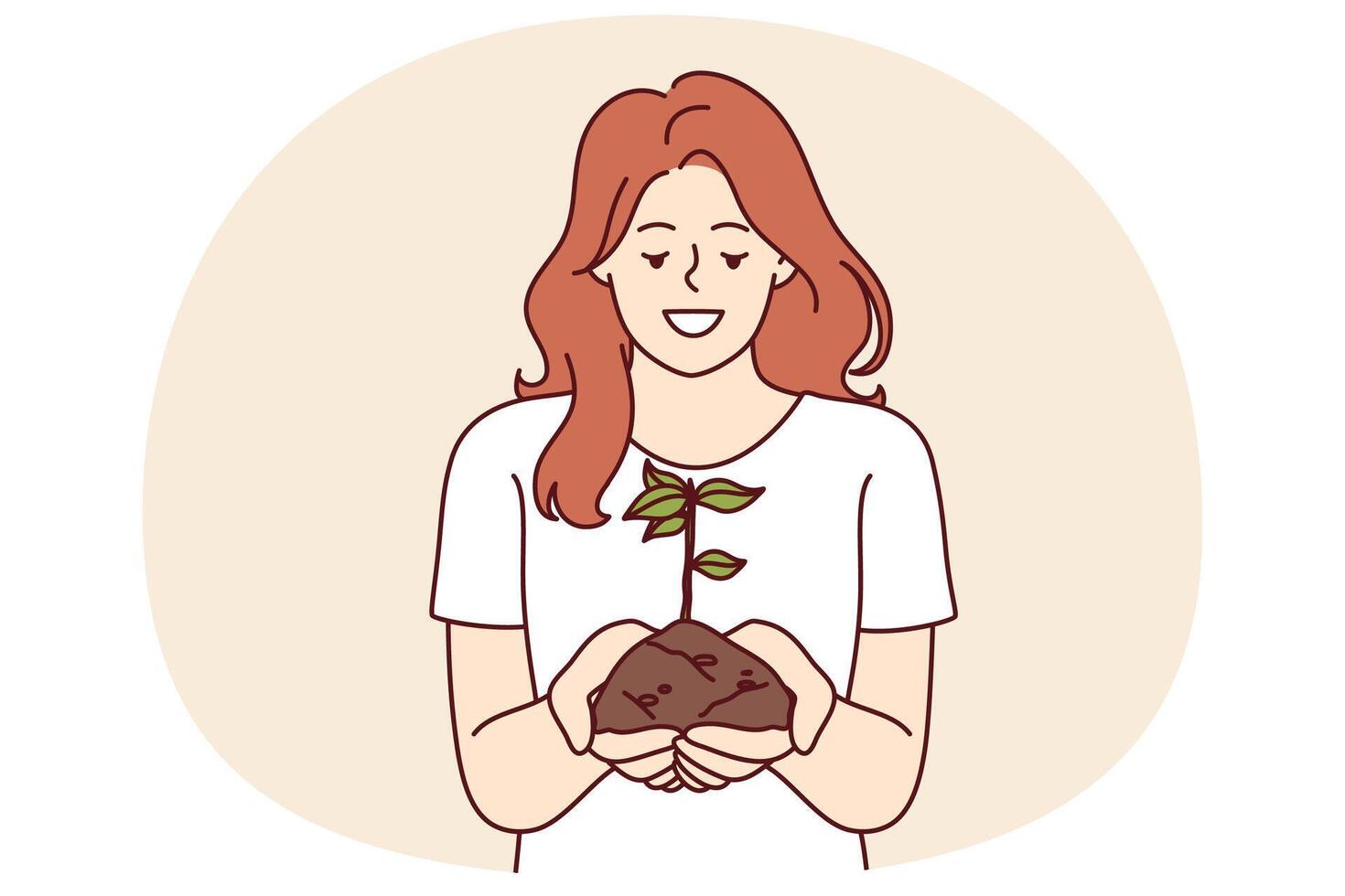 Woman holds handful of earth with plant drawing attention to problem of ecology and pollution vector