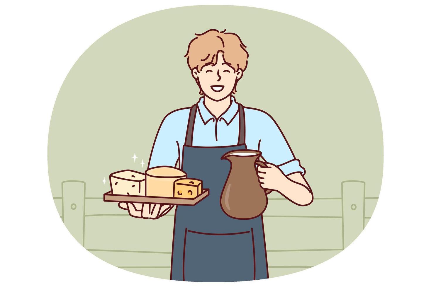 Man holds jug of milk and tray of cheese from cow farm selling own organic food vector