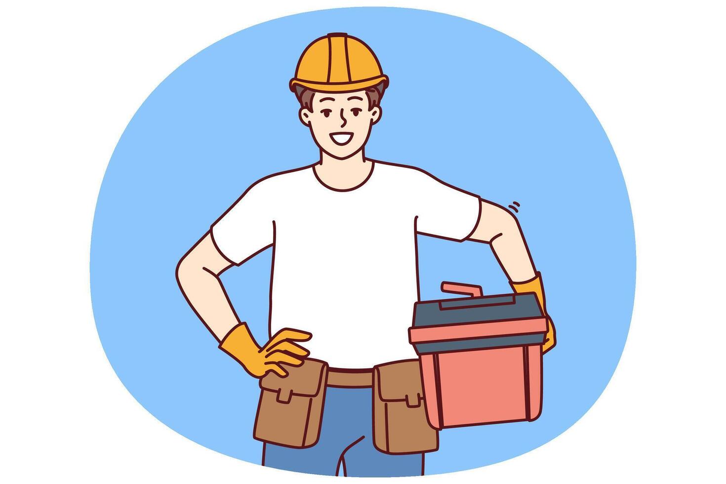 Male foreman holds case of working tools for furniture repair or plumbing work and looks at screen vector
