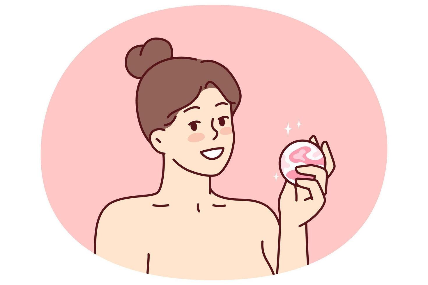 Woman with bath bomb in hands smiles as she prepares to take bath with aromatic substances vector