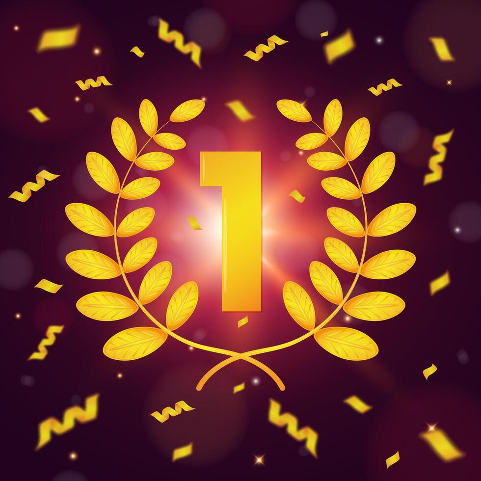First place winner gold award poster, banner with golden laurel wreath and confetti. vector