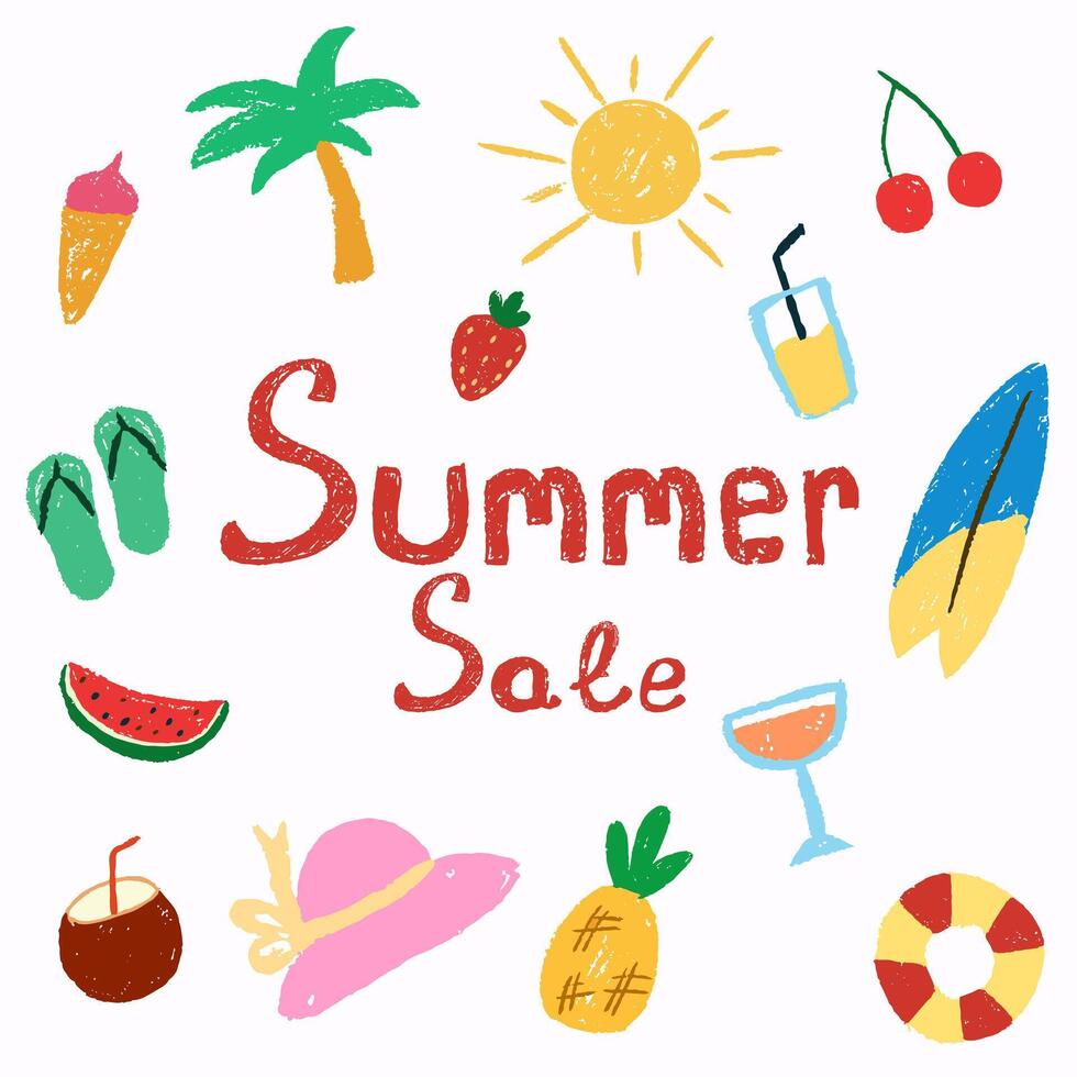 Summer sale postcard, banner with crayon texture doodle scribble elements. vector