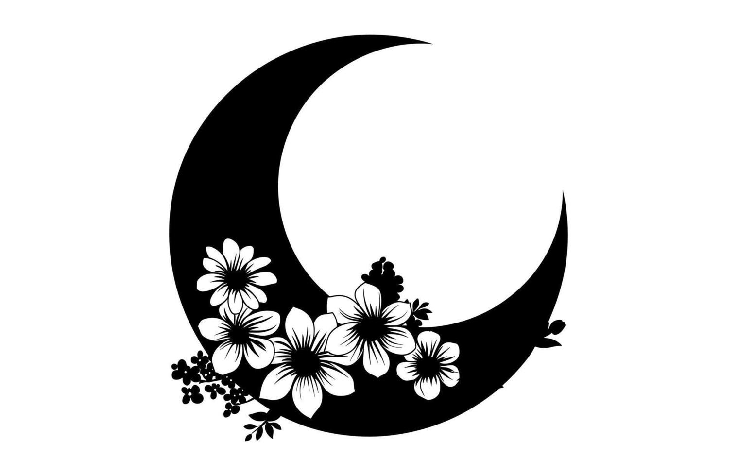 Floral Crescent Moon Silhouette Clipart, Crescent Moon Flower black Silhouette vector