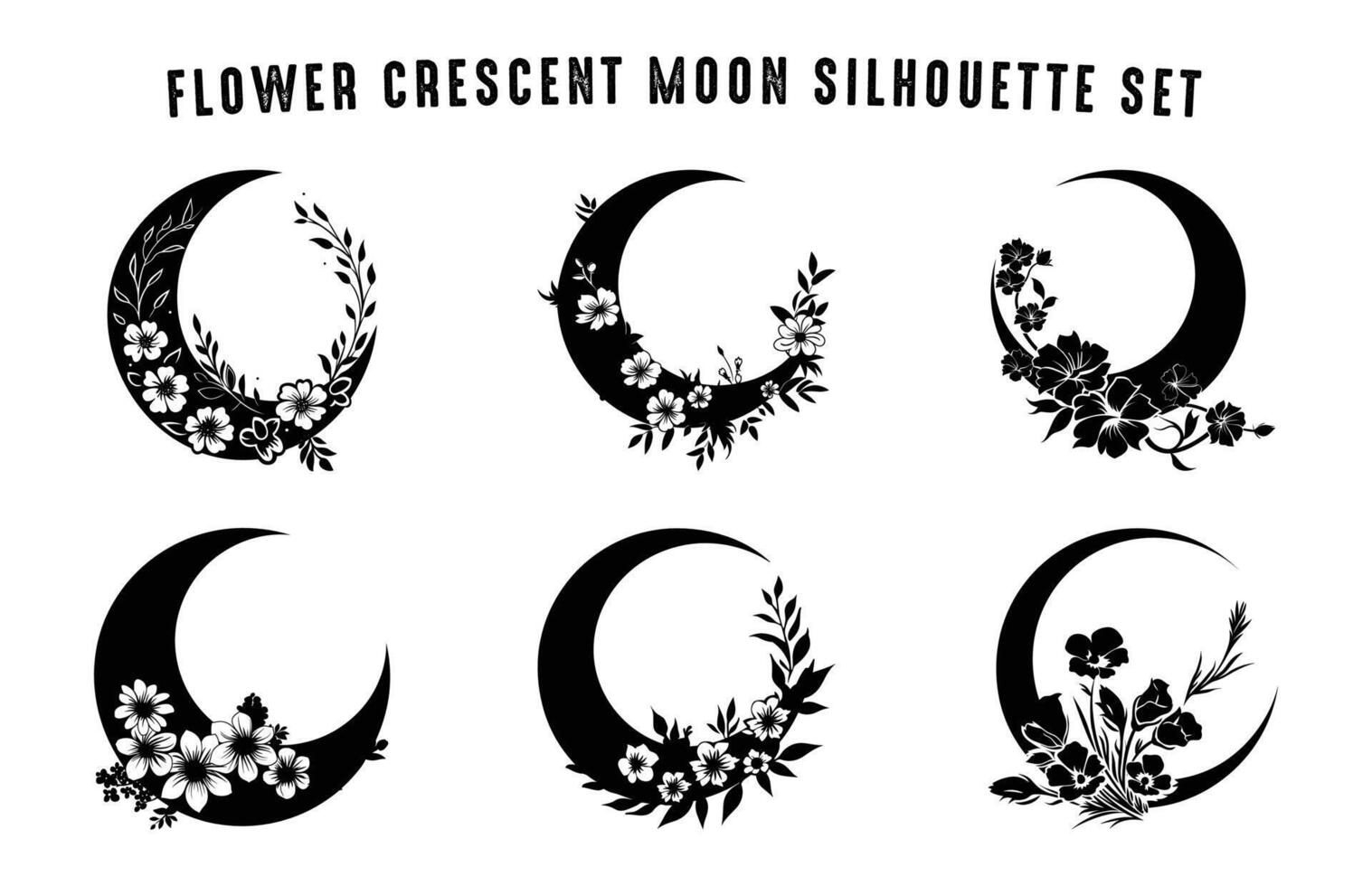 Floral Crescent Moon Silhouette Clip art bundle vector