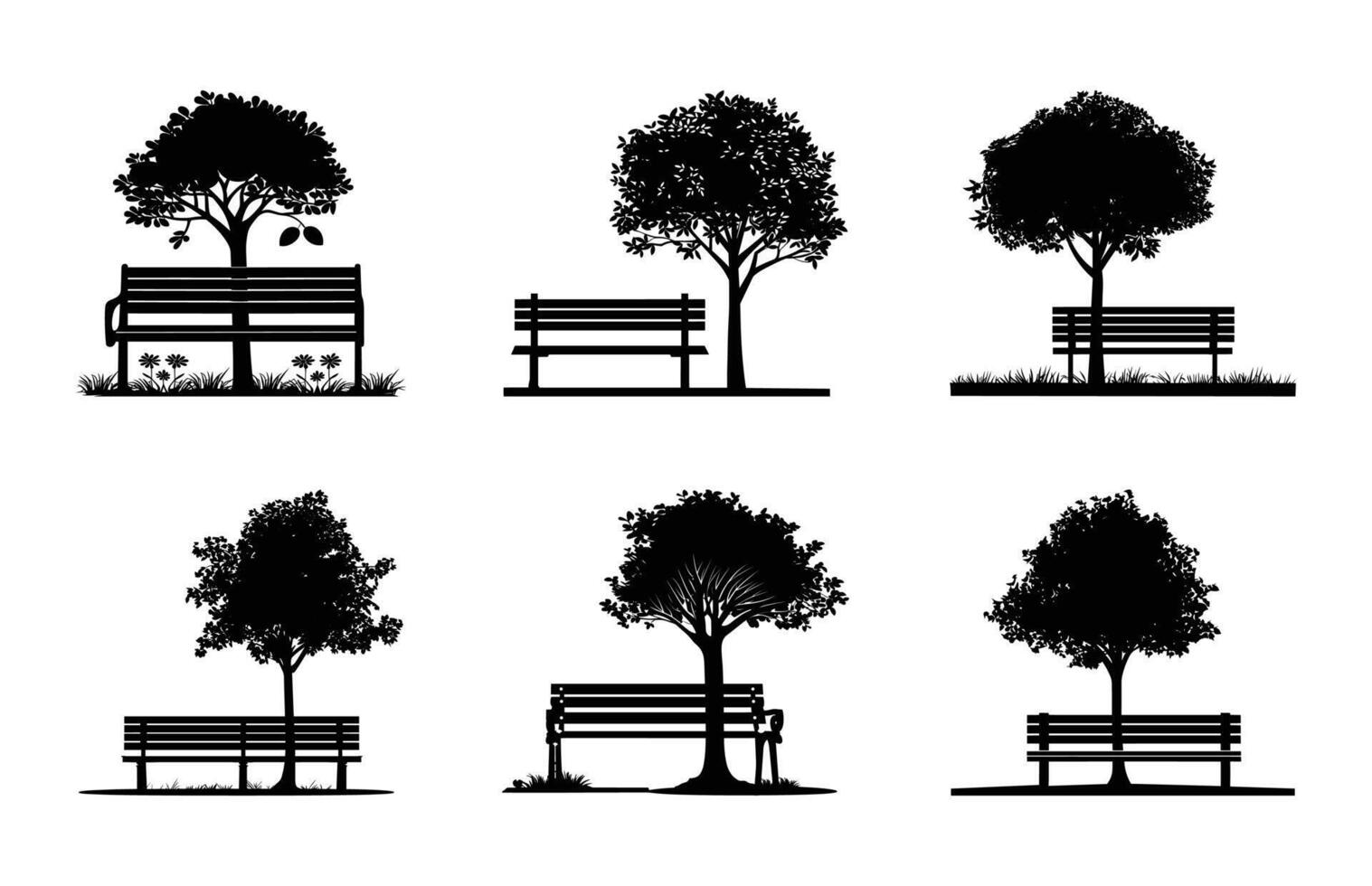 Bench with a Tree black Silhouette Clip art Set vector