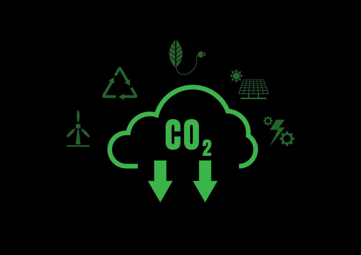 Carbon Dioxide Reduction Concept. Green clouds and the CO2 symbol, down arrow with the icon of electric scooters, solar cells, wind power generating electricity, recycling waste on black background. vector