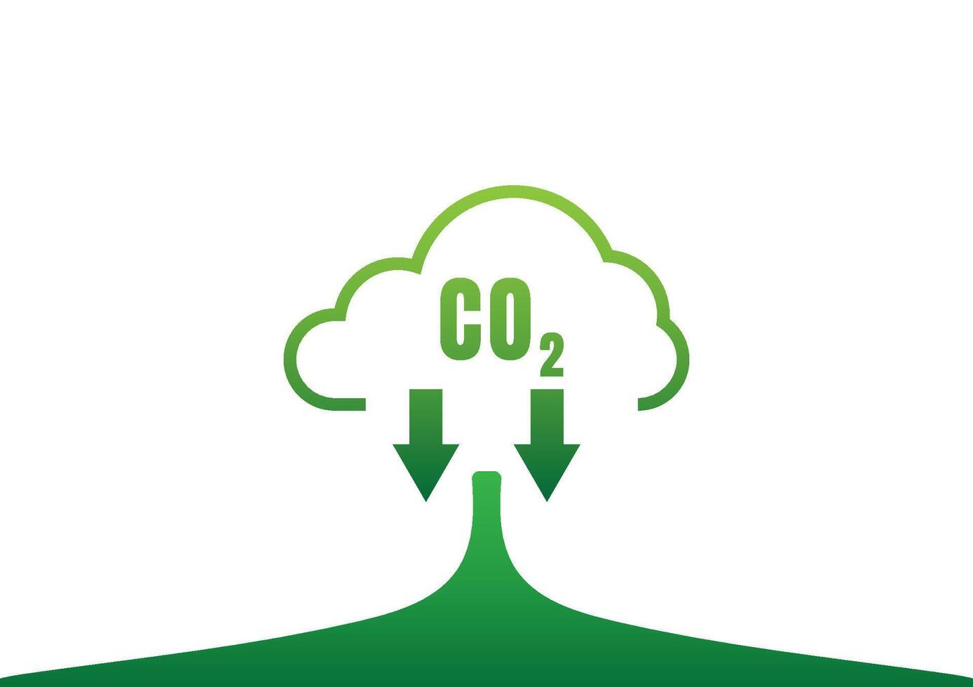 Carbon Dioxide Reduction Concept. Green clouds and the CO2 symbol, down arrow on white background. vector
