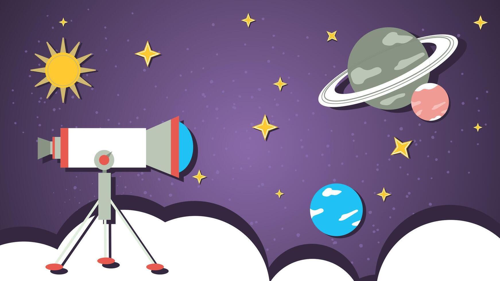 The telescope stands on a cloud and observes the planets and the cosmos a flat illustration of childrens doodles vector