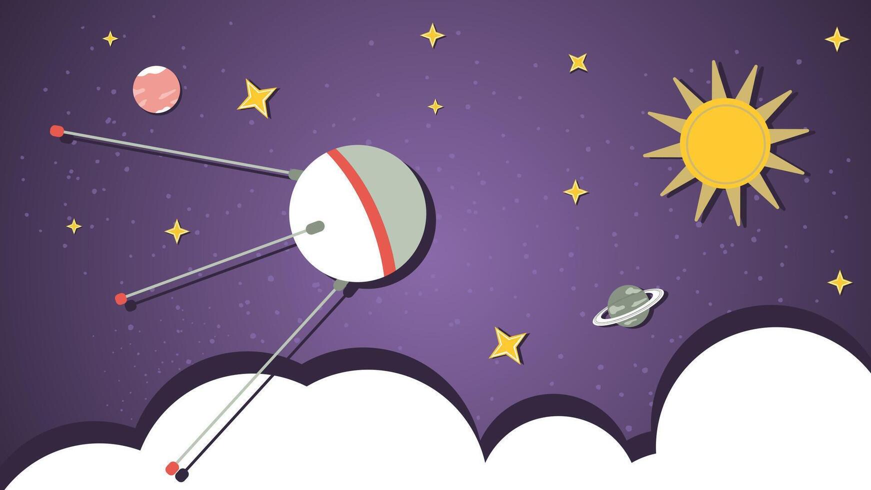 a space satellite is flying in outer space among the planets a flat illustration of childrens doodles vector