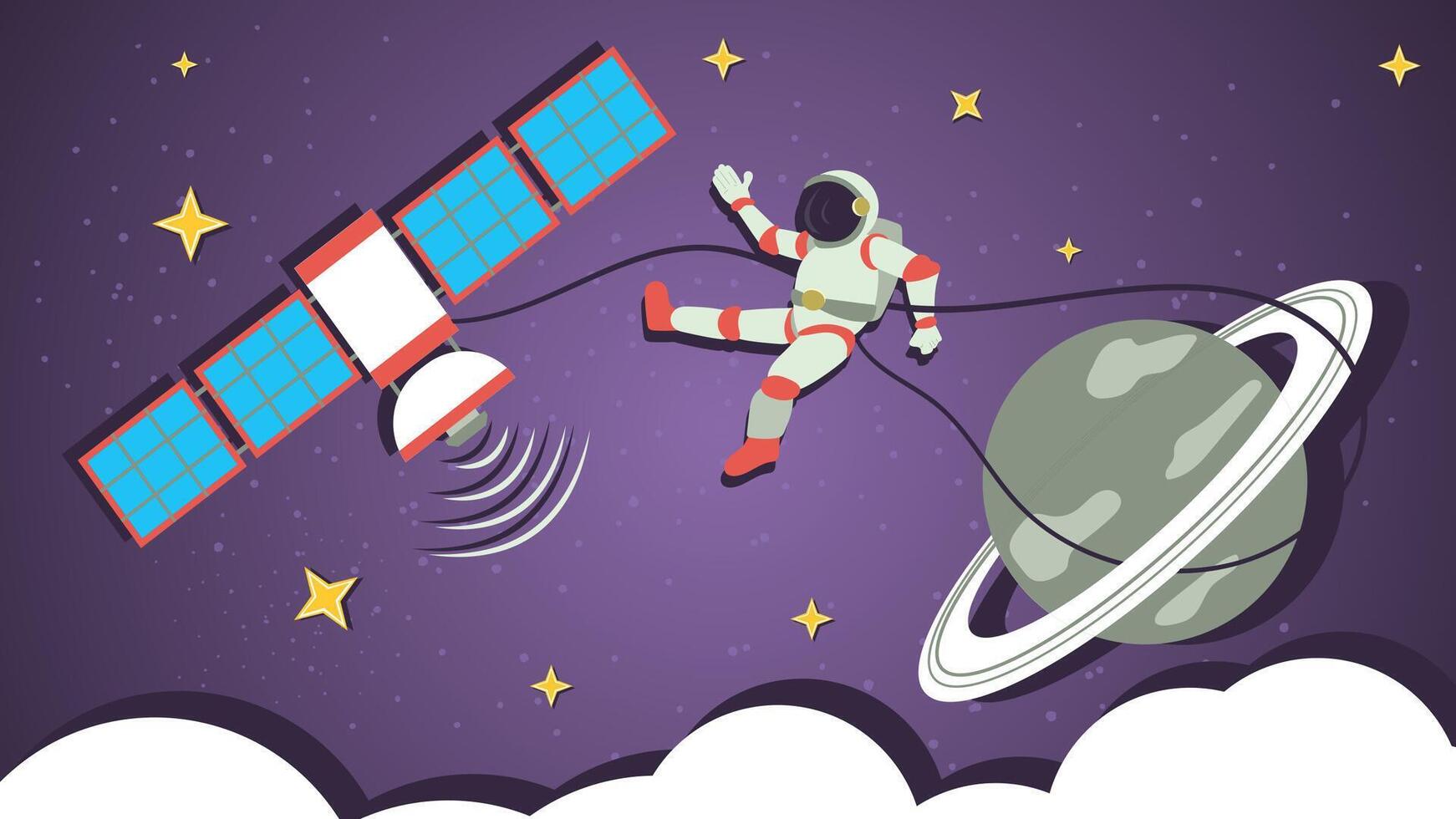 an astronaut next to the space station in outer space flies among the planets flat illustration childrens doodles vector