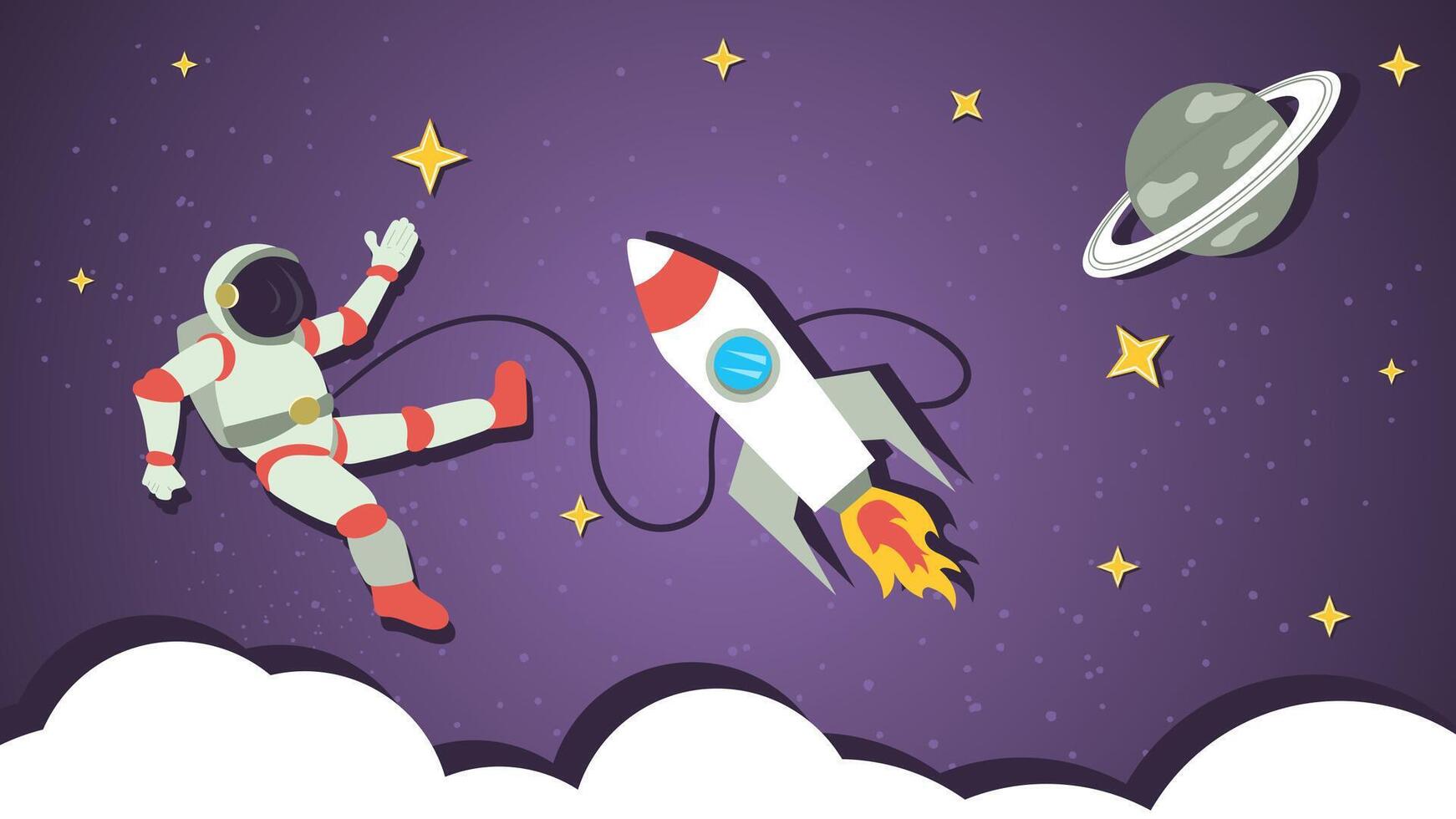 An astronaut in outer space waves his hand flat illustration childrens doodles vector