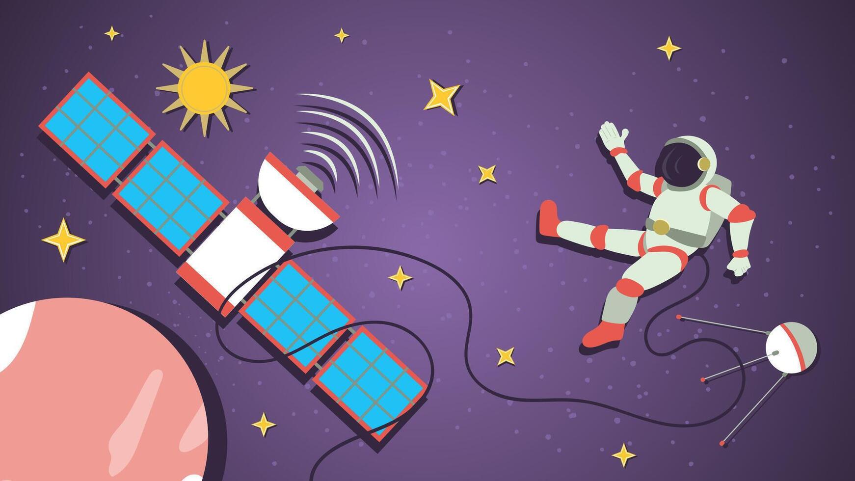 space station and cosmonaut on the background of the planet flat illustration childrens doodles vector