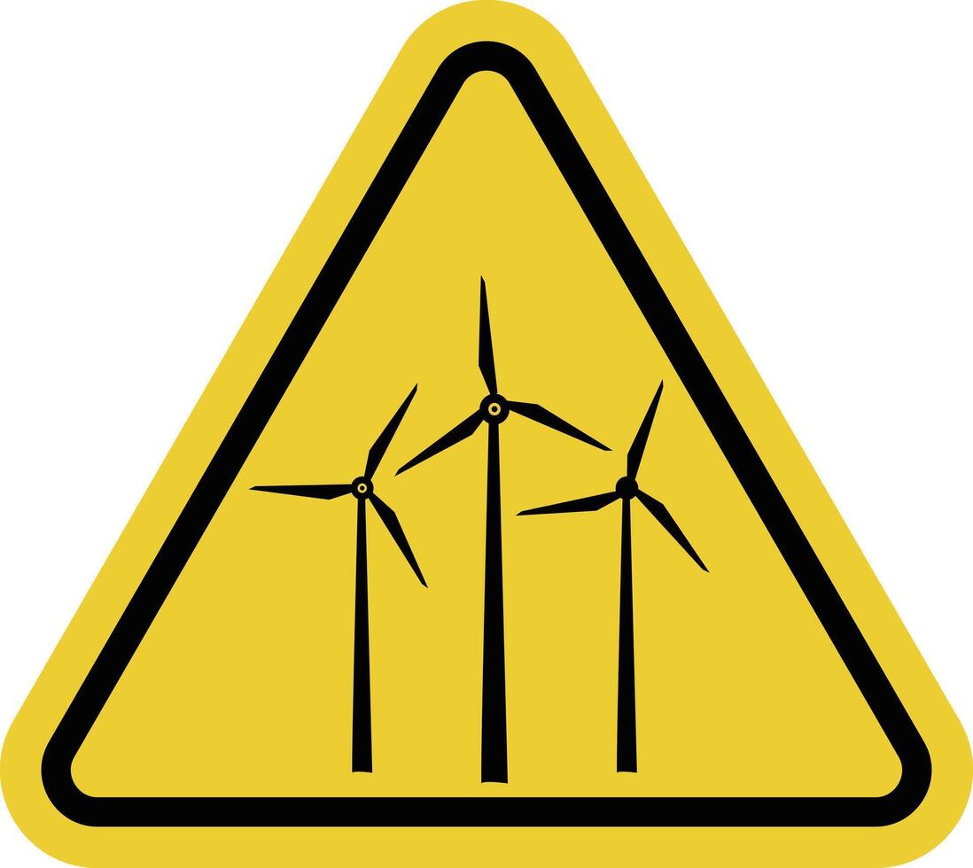 Wind generator sign. Wind turbine sign. Noise or ice falling from wind turbine blades poses a danger to people and equipment. Follow safety instructions. Warning yellow triangular road sign. vector