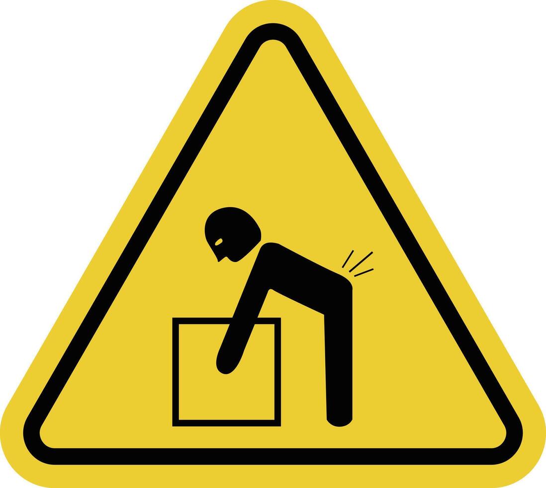Sign is a heavy object. Don't wear it alone. Alerts to take precautions to avoid back injuries. Use correct lifting techniques or aids. Warning yellow triangular sign. vector