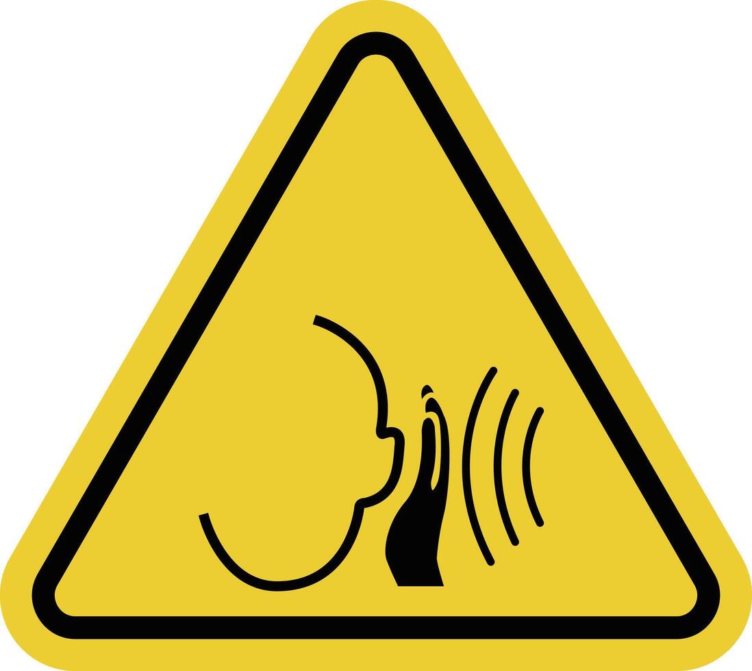 High noise areas. Hearing protection sign. Wear headphones or earplugs. Take precautions to protect your hearing. Noise protection sign. Warning yellow triangular road sign. vector