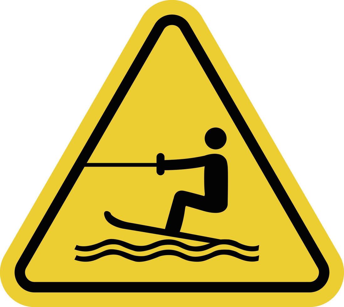 Surfing and water skiing sign. Places where surfing and water skiing are allowed. Divides zones between different groups of vacationers. Warning yellow triangular road sign. Safety in the water area. vector