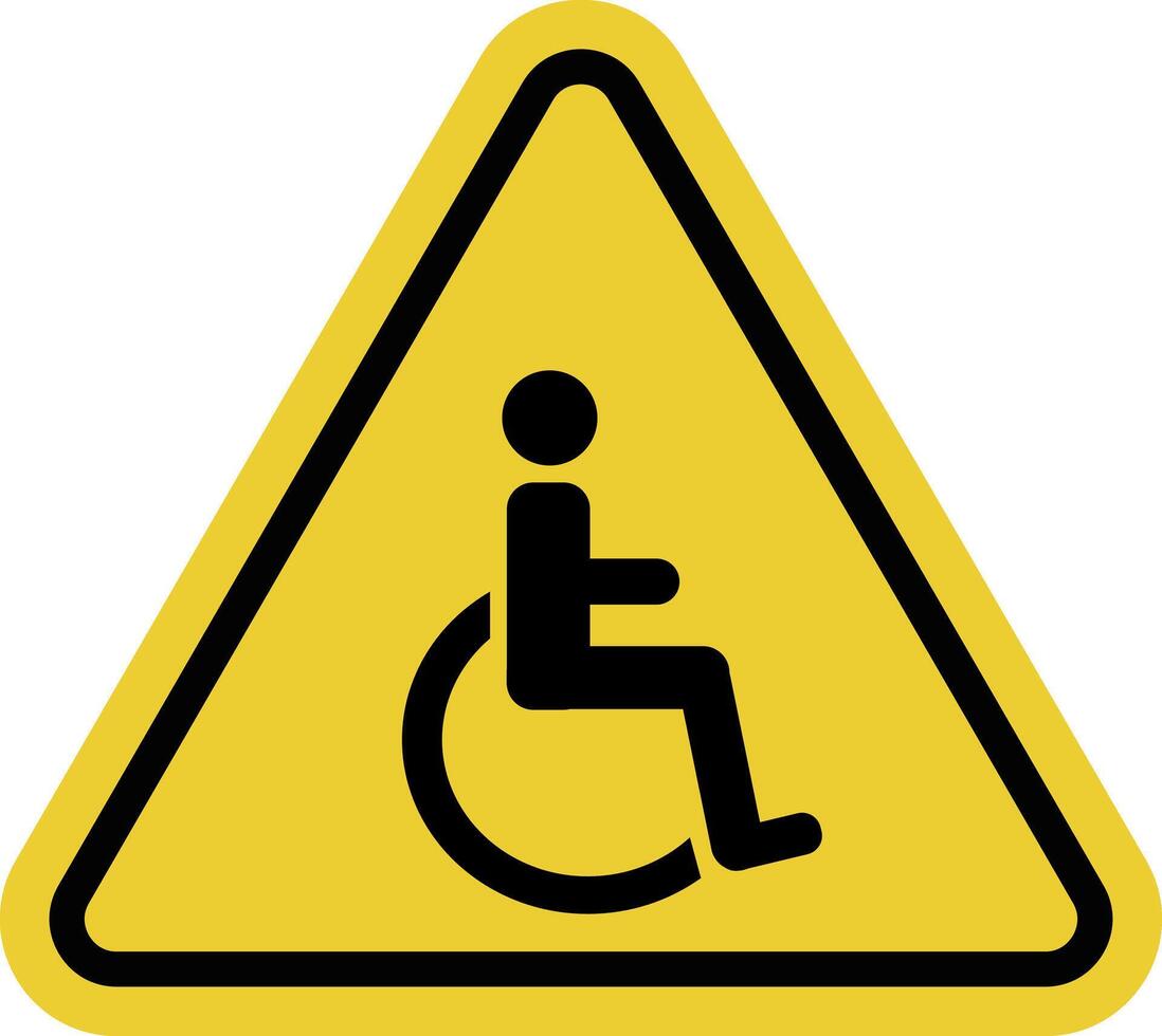 Disability sign. Warning yellow triangular road sign for wheelchair users. Parking for disabled people. Caution people with disabilities. Disabled area. vector