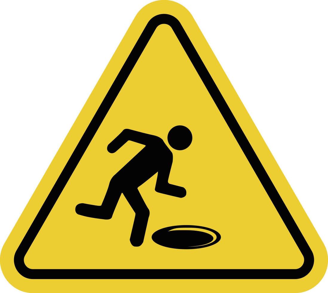 Pit sign. Open hatch sign. Warning about the presence an open hole, hatch or other depression the path. You should be especially careful and careful to avoid falling. Warning yellow triangular sign. vector