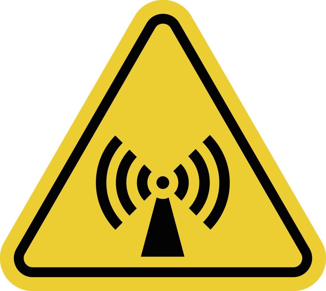 Radio frequency danger sign. Radiation sign. Radiofrequency radiation harmful to health. Sign is used in places with working transmitters, antennas, and radar stations. Warning yellow triangular sign. vector