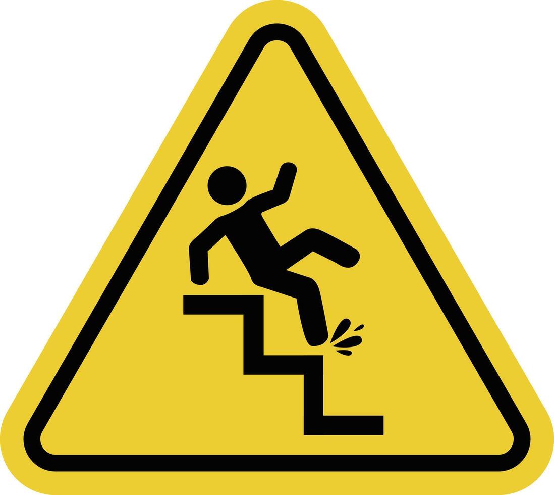 Slippery stairs sign. Caution stairs may become slippery due to weather conditions, water, oil or other factors. Prevention of accidents. Warning yellow triangular road sign. vector