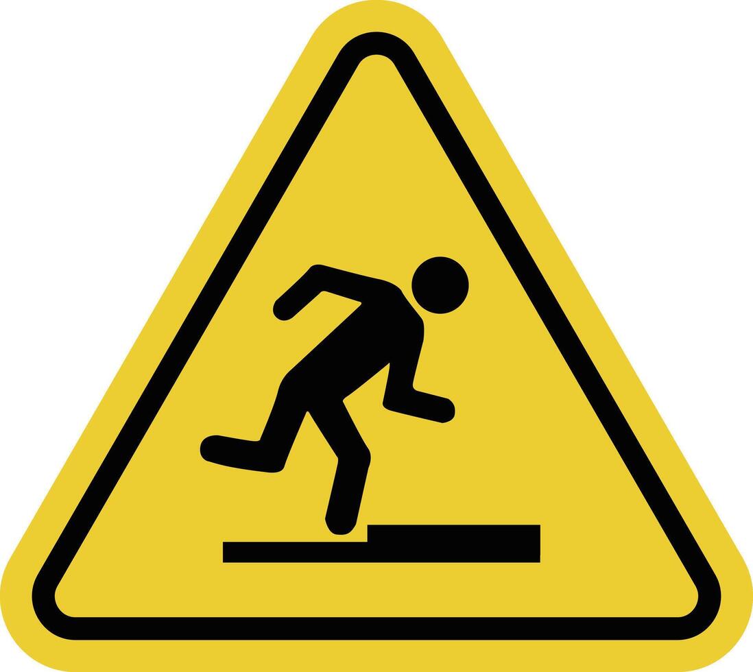 Threshold sign, curb. Obstacle sign. Sign stumble. Presence of obstacles along way that could cause trips and falls. Use caution when crossing a threshold or curb. Warning yellow triangular road sign. vector