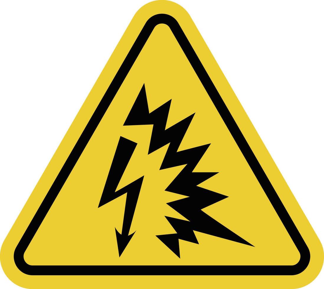 High voltage sign. Electric discharge sign. Lightning strike. Warning yellow triangular sign high voltage equipment or danger electric shock at transformer substations, electrical panels, power lines. vector