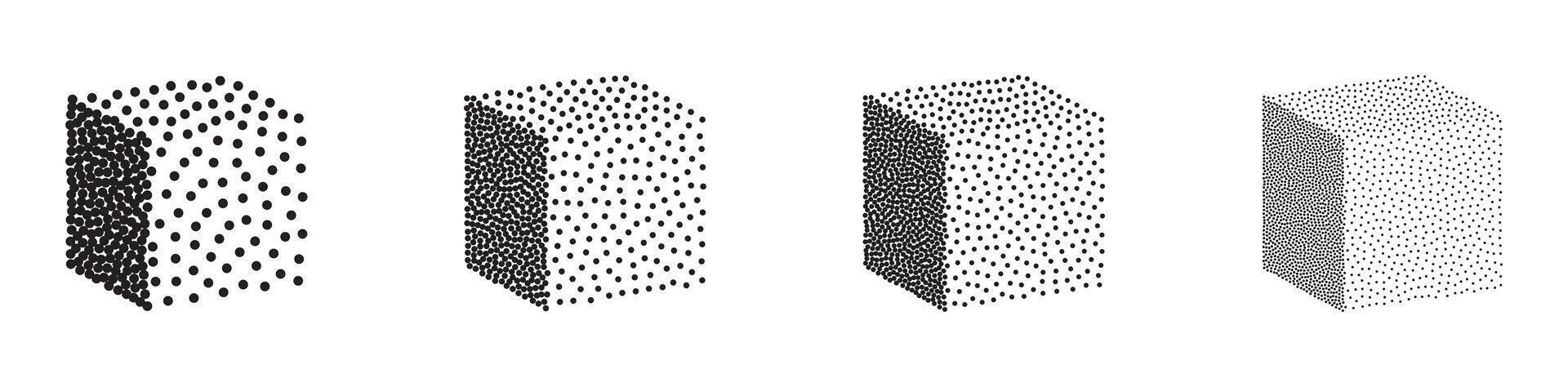 Set of 3D cubes in halftone dotwork style. illustration vector