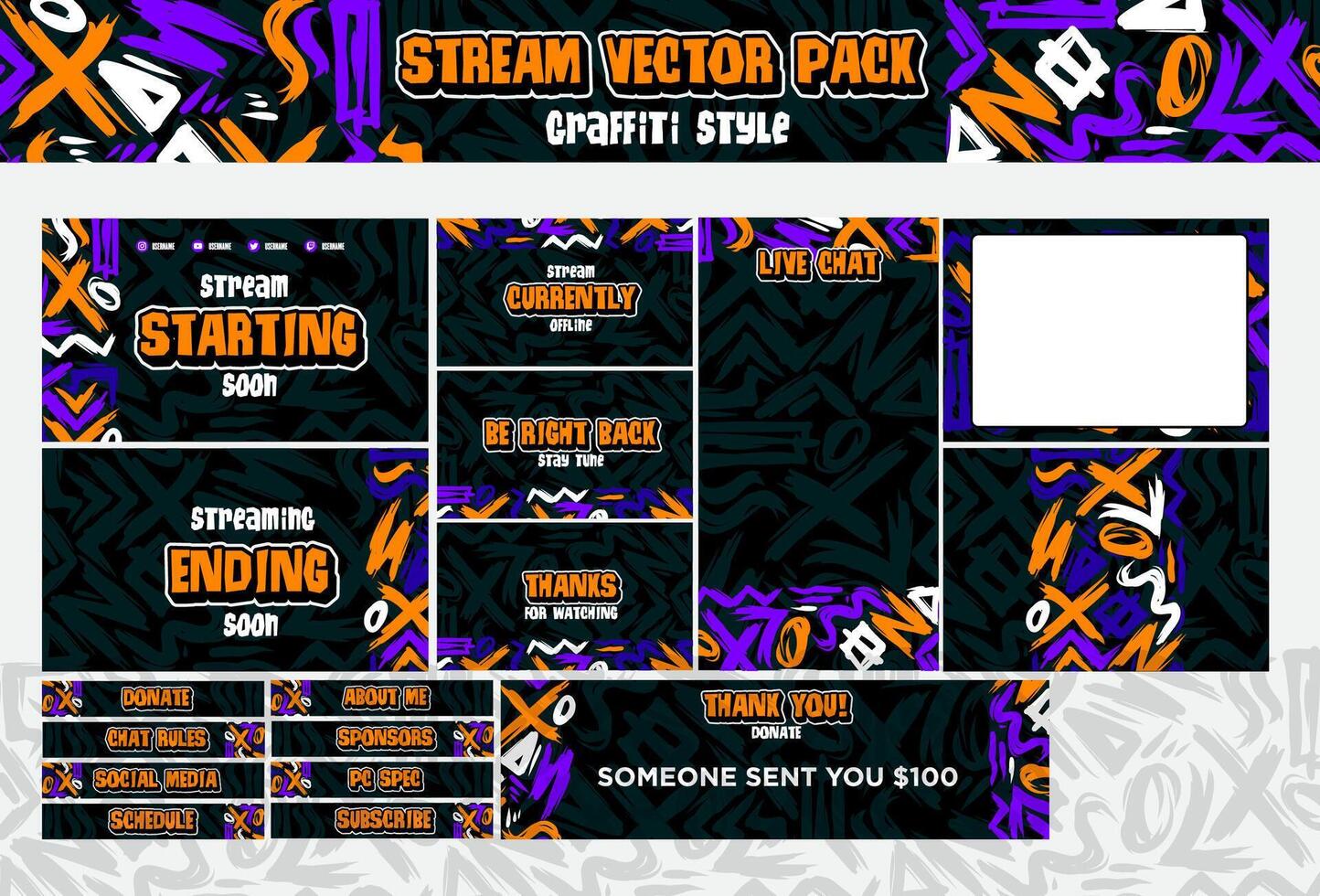 Stream panel screen pack. Streaming screen gamer overlay pack in graffiti style. vector