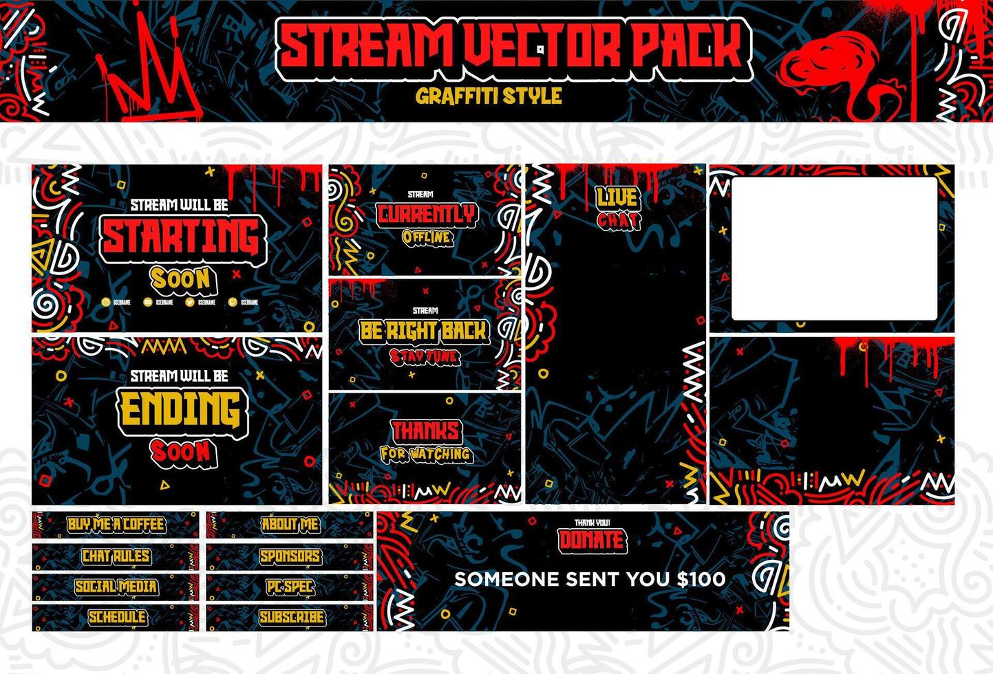 Stream panel screen pack. Streaming screen gamer overlay pack in graffiti style. vector