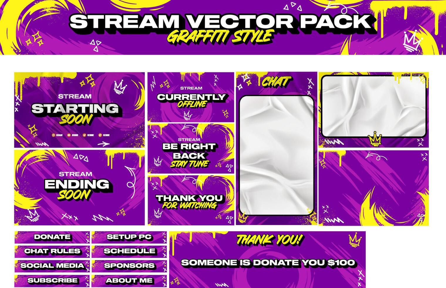 Stream panel screen pack. Streaming screen gamer overlay pack in graffiti style. vector