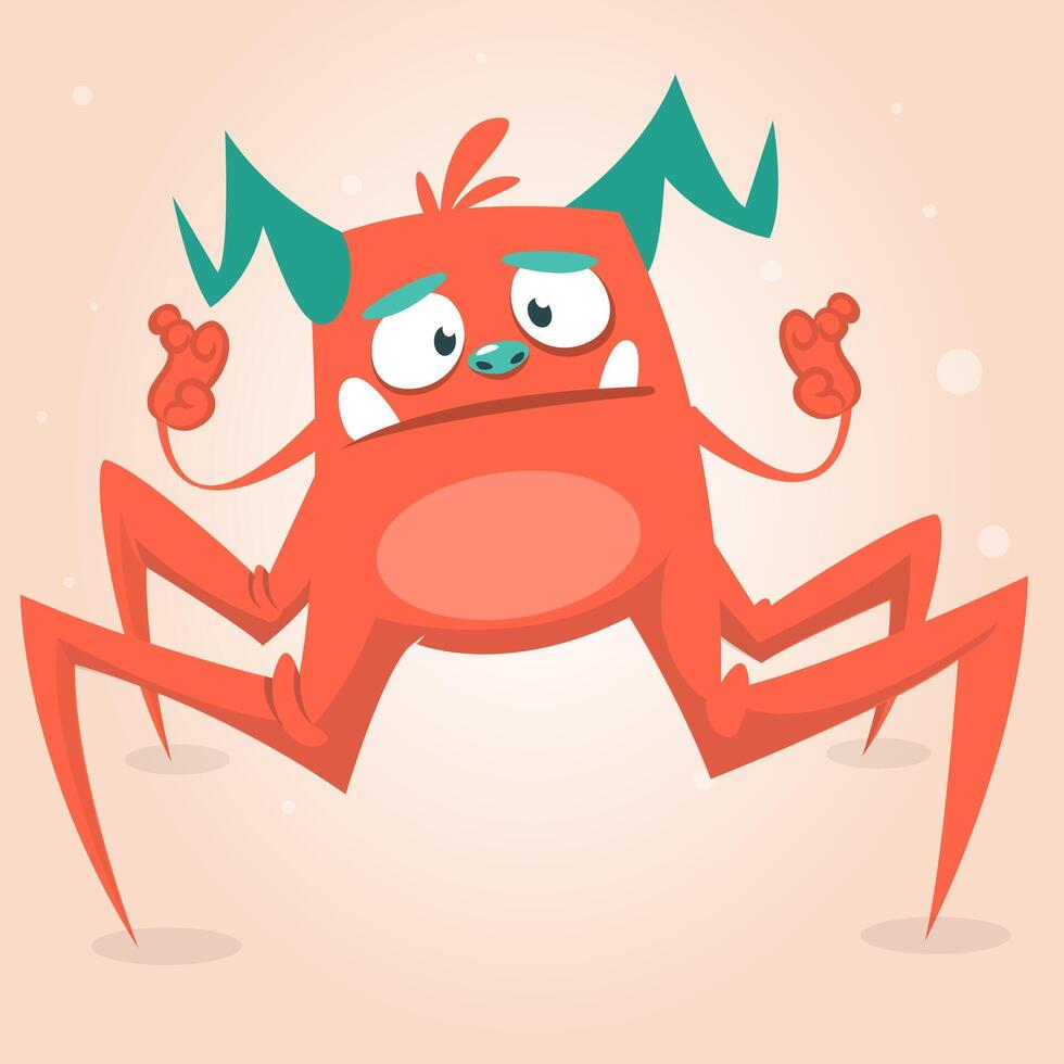 Cute cartoon monster spider. Halloween pink and horned monster character. Isolated on light background vector
