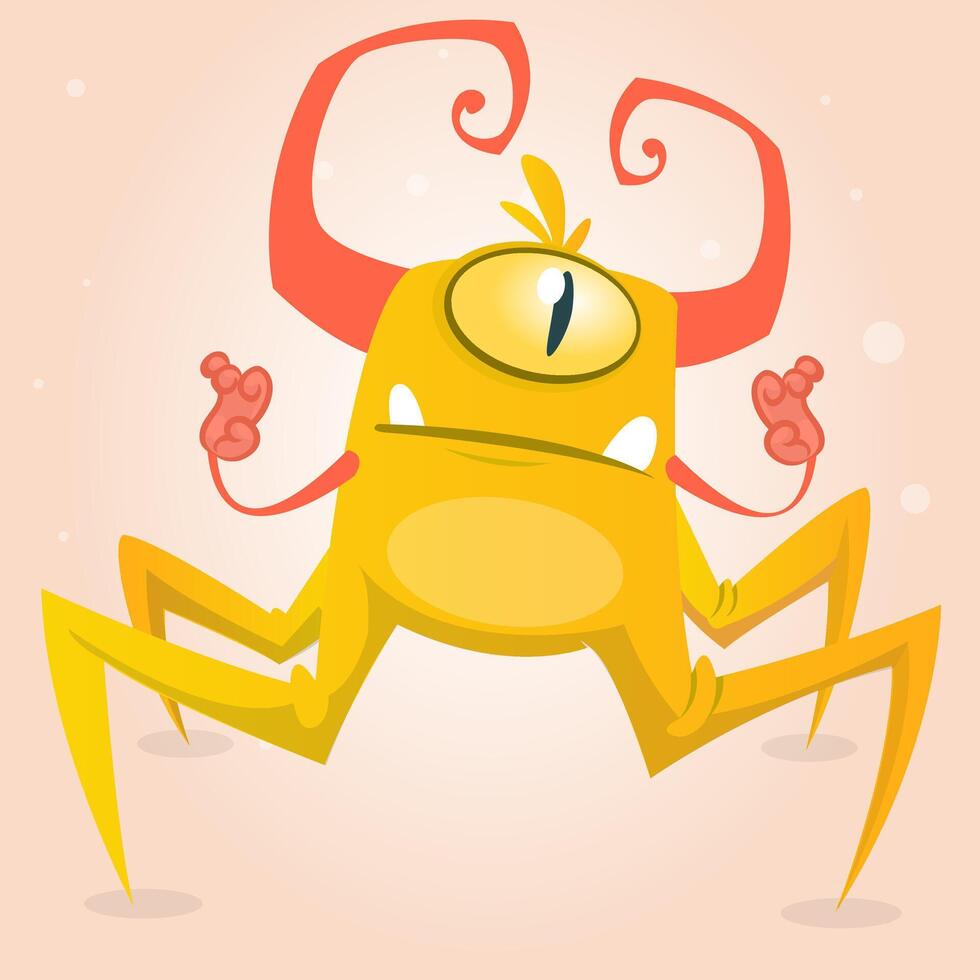 Cute cartoon monster spider. Halloween yellow and horned monster character with one eye. Isolated on light background vector
