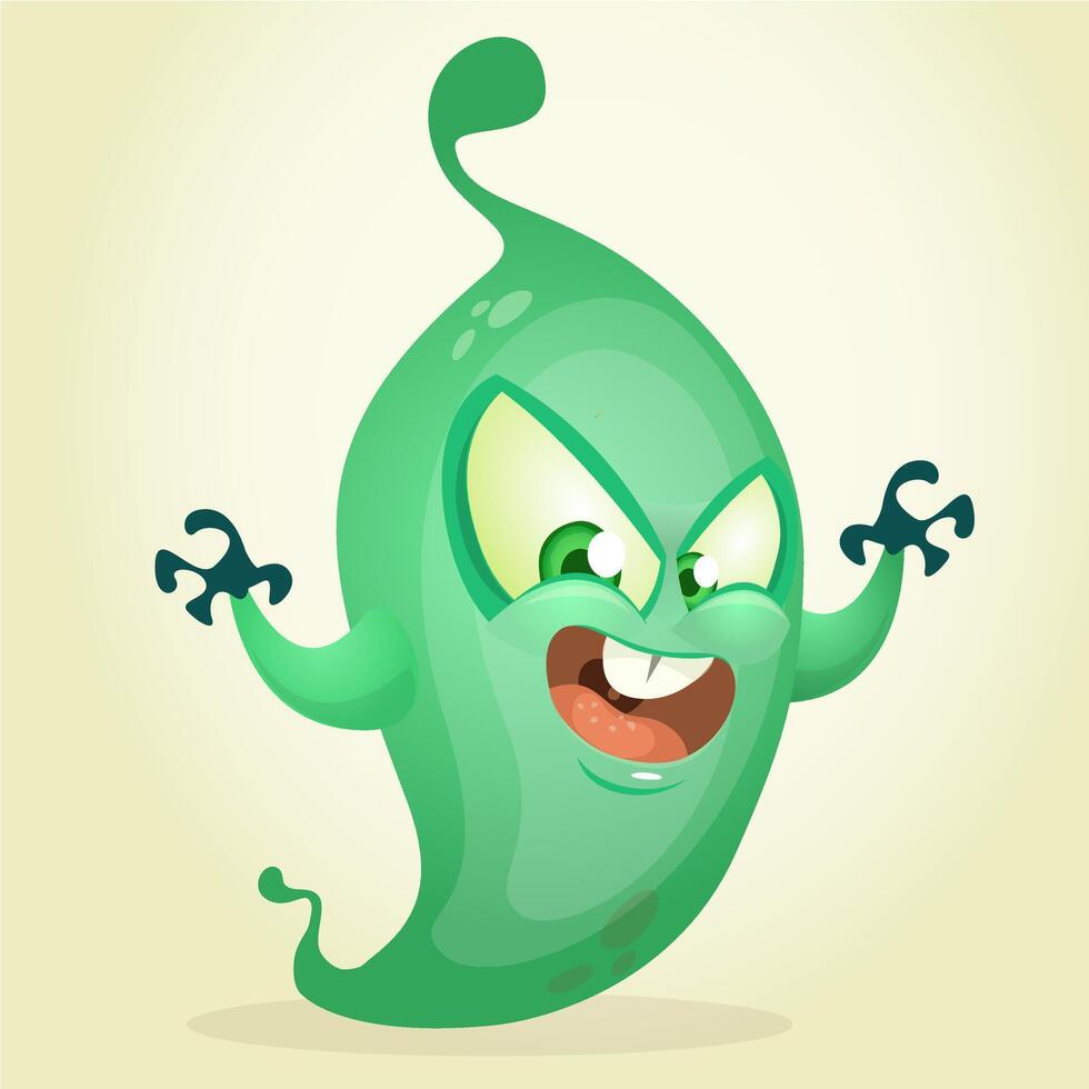 Angry cartoon ghost. Halloween fat and green monster icon with claws vector