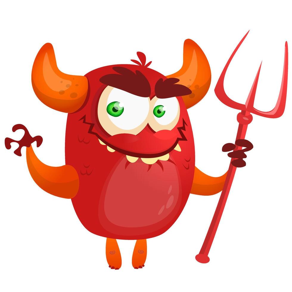 Devil laughing and holding a trident. illustration with simple gradients. vector