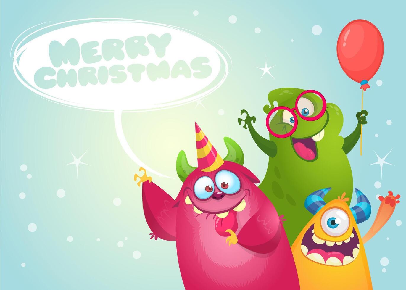 Merry Christmas cartoon postcard greeting. Monsters at the party illustration vector
