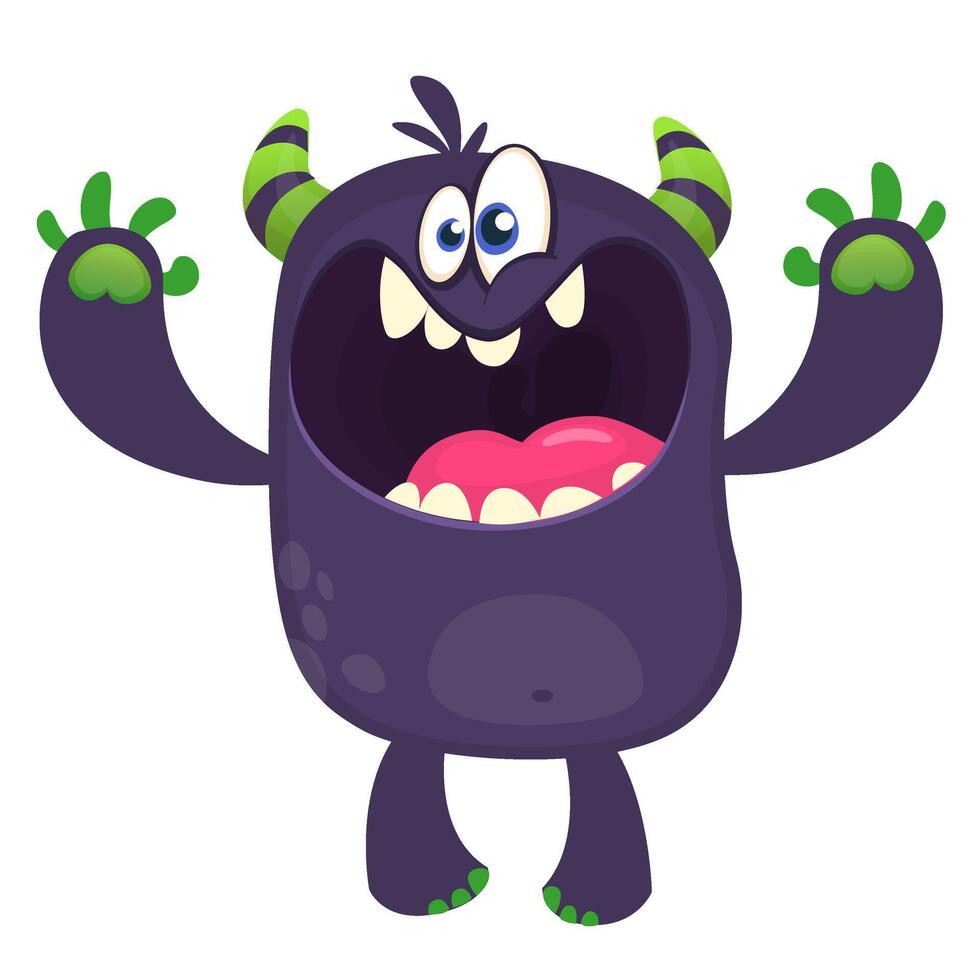 Scary cartoon black monster screaming. Yelling angry monster expression vector