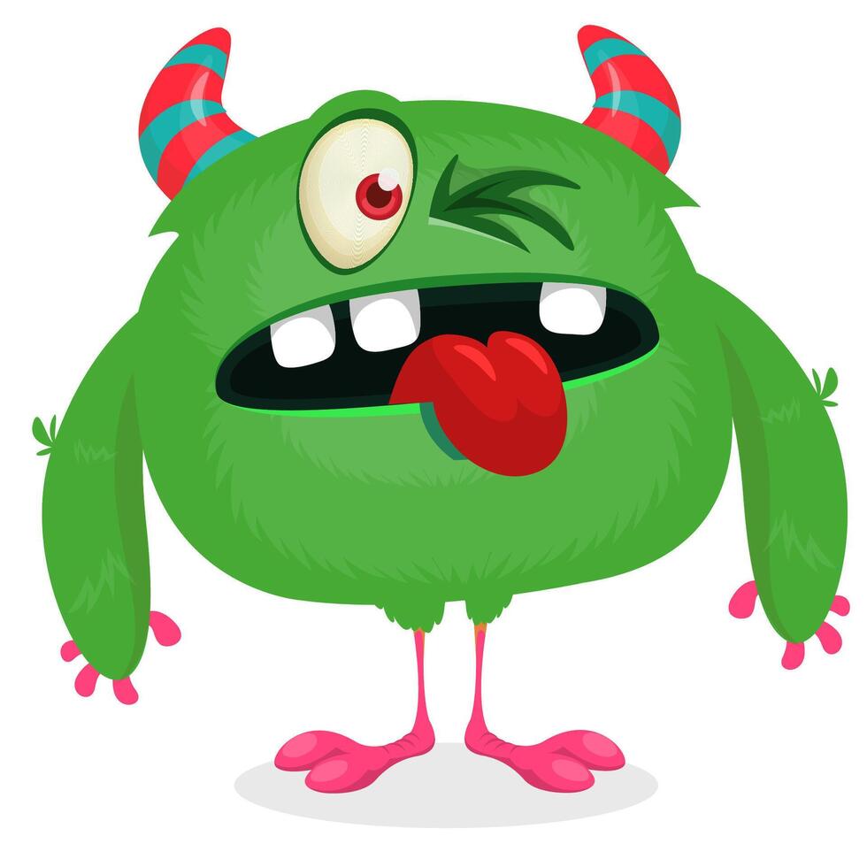 Funny cartoon smiling monster character showing long tongue. Illustration of cute and happy mythical alien. isolated vector