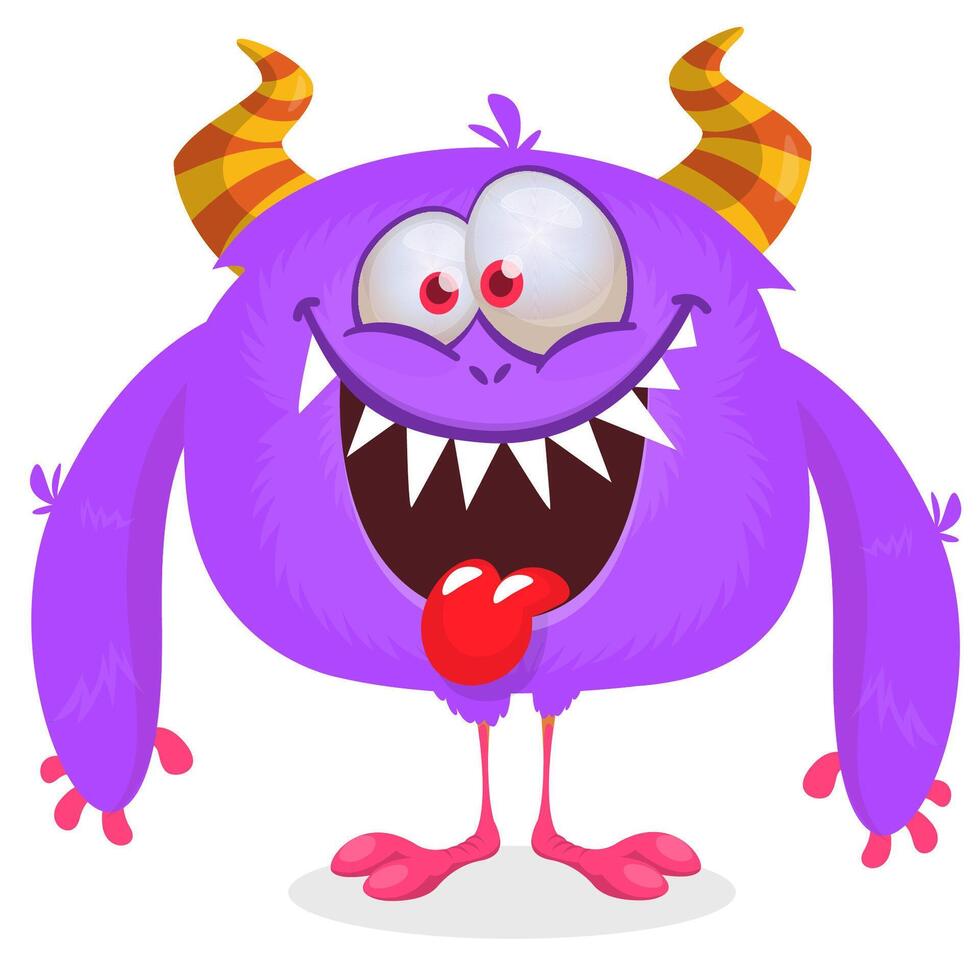 Funny cartoon smiling monster character showing long tongue. Illustration of cute and happy mythical alien. isolated vector