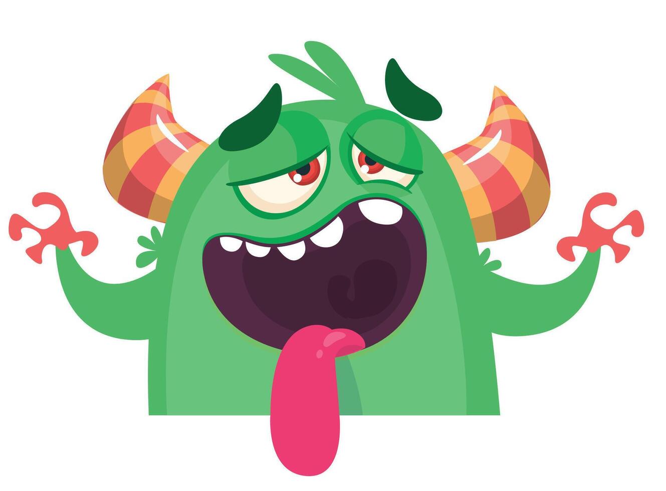 Tired or sleepy cartoon smiling monster character showing long tongue. Illustration of cute and happy mythical alien. isolated vector