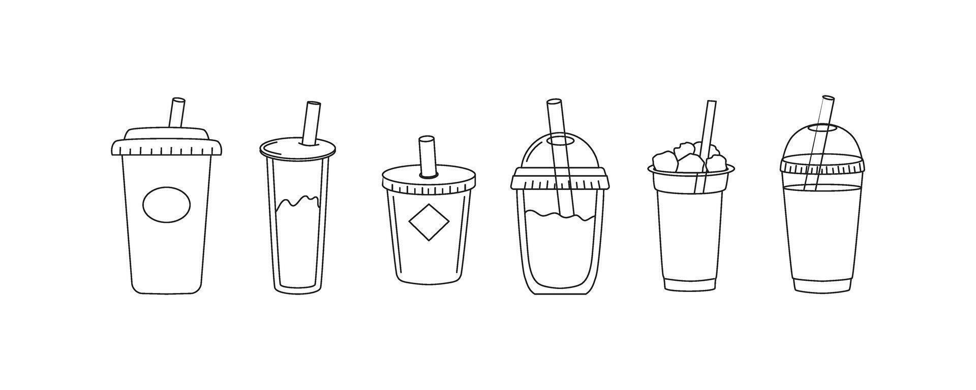 Linear plastic cups and glasses for drinks. Take-away beverages and refreshments. Tableware, glassware. Line art sketch and doodle, icon. isolated on white. vector