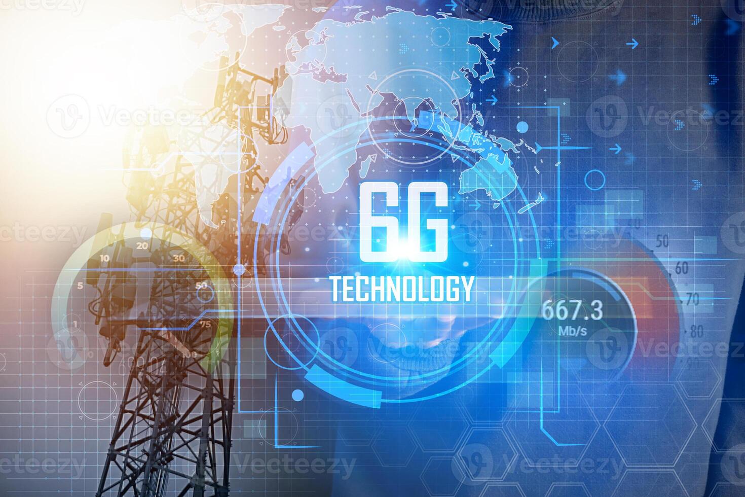 Digital 6G Network and Wireless Internet 6G Network Modern city with high speed internet photo