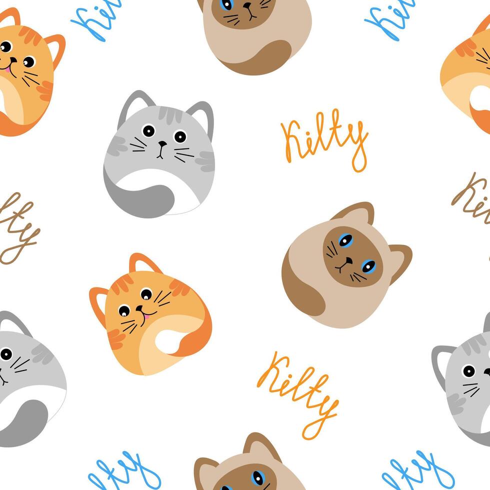 Seamless pattern with many different red, grey, siamese cats on white background. Illustration for children. vector