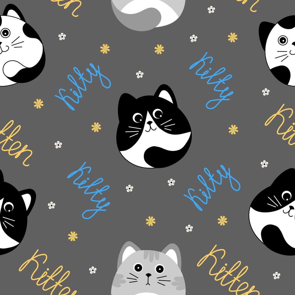 Seamless pattern with many different grey, black and white cats on grey background. Illustration for children. vector