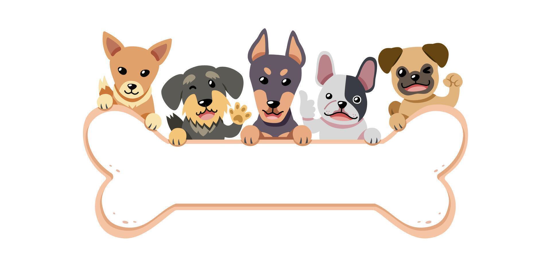 Cartoon happy different breeds of dogs with big bone sign vector