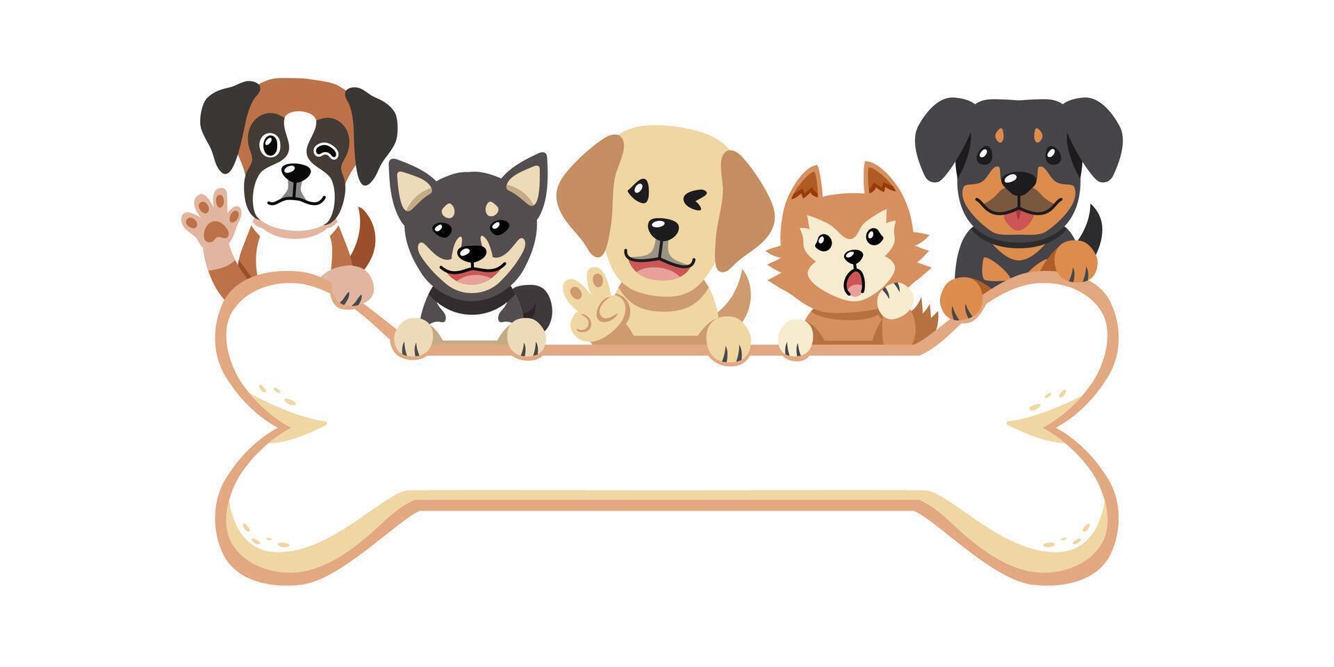 Cartoon cute different breeds of dogs with big bone sign vector