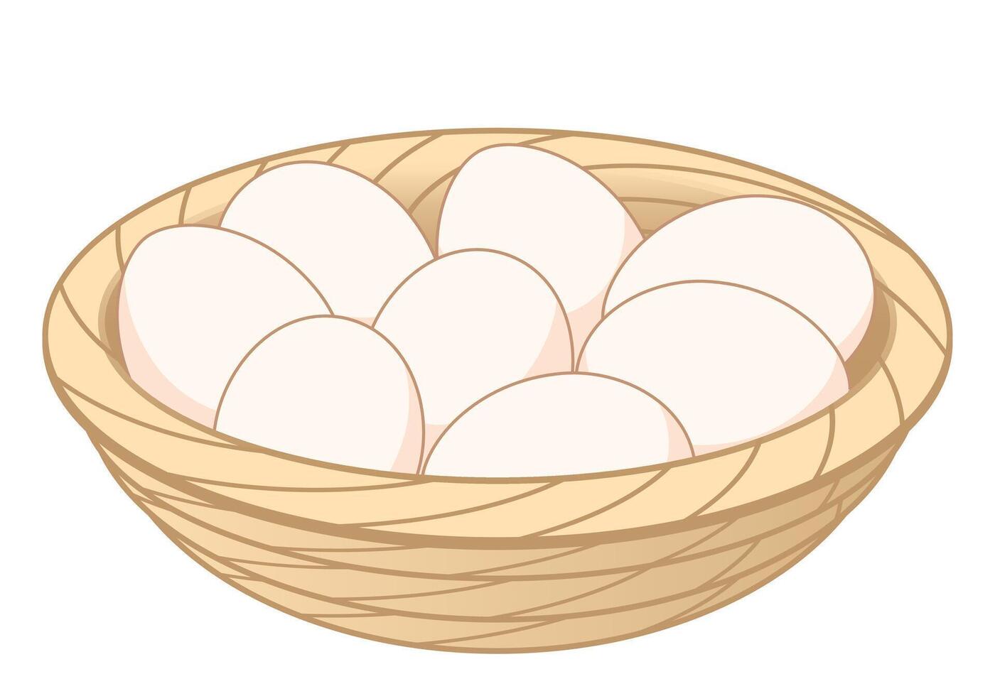 egg, white hen eggs in a wicker basket bowl, color illustration isolated on white background vector