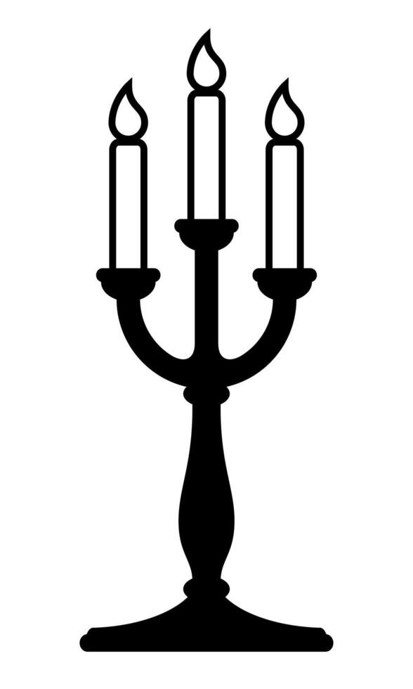 candle holder, black and white silhouette illustration of candlestick with three burning candles shape, isolated on white background vector