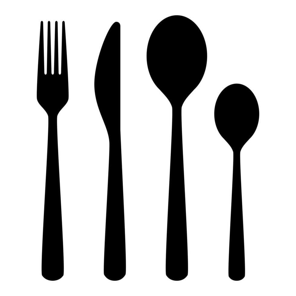 cutlery - fork, knife, spoon, teaspoon silhouette shape, set of black and white illustration, white background vector