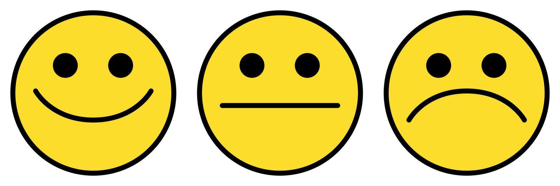 emoticon icon set, three emoji - happy, sad and neutral, symbol of smiley face, color illustration isolated on white background vector