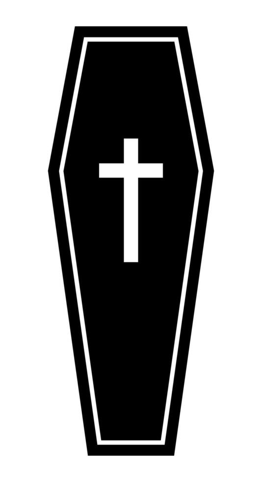 A coffin, black and white silhouette illustration of casket funerary box with cross, isolated on white background vector